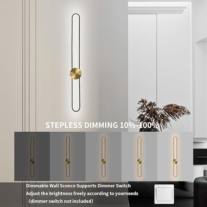 Modern Wall Sconce Dimmable 3000K/4000K/6000K LED Wall Light Fixture, Hardwired Wall Lamp for Living Room, Dining Room, Bedroom, Hallway, Lobby, Entryway (Brushed Black, 35.4inch/H90cm)