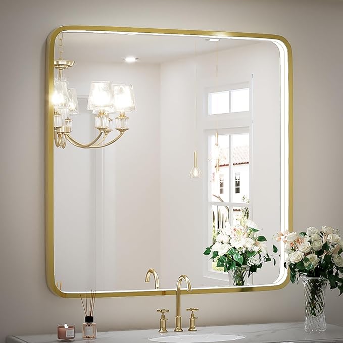 36X36 Inch LED Bathroom Mirrors,Gold Framed Dimmable Lighted Mirror for Wall, Bathroom Vanity Mirror with Lights, Anti Fog Design&6000K&Touch Switch