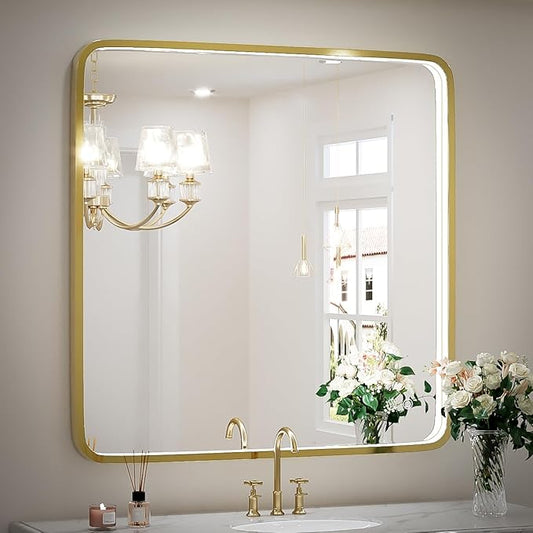 36X36 Inch LED Bathroom Mirrors,Gold Framed Dimmable Lighted Mirror for Wall, Bathroom Vanity Mirror with Lights, Anti Fog Design&6000K&Touch Switch