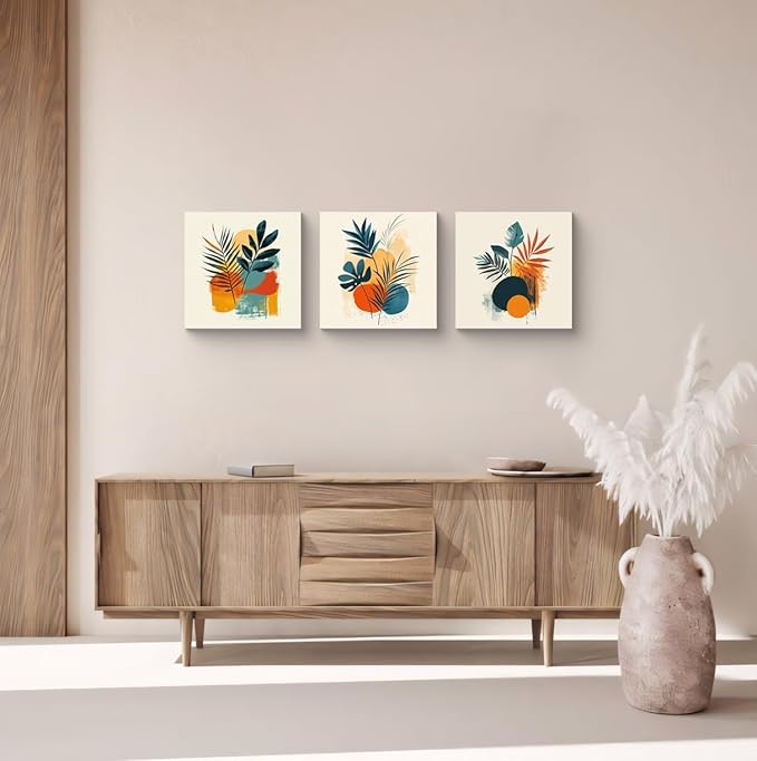 NAN Wind 3Pcs Tropical Leaf Wall Art Palm Frond and Foliage Canvas Print with Bold Orange Teal Yellow Shapes Mid-Century Modern Botanical Plant Pictures for Boho Living Room Bedroom Office Wall Decor