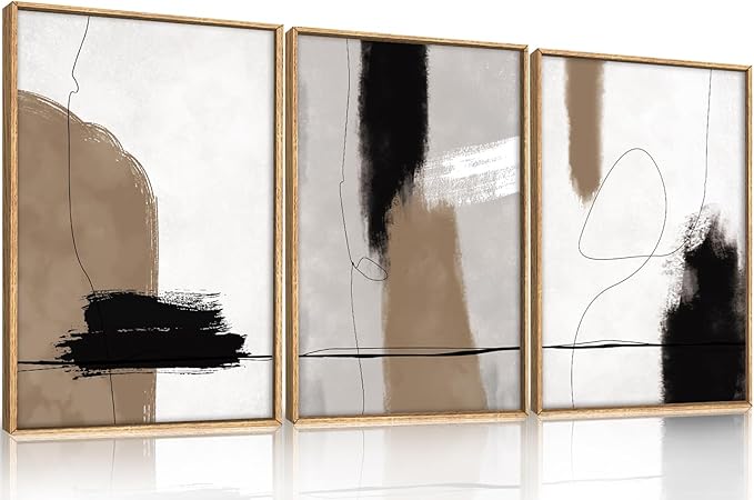 KAIRNE Abstract Neutral Framed Canvas Wall Art Set of 3, Abstract Black Brown Shape Decor, Modern Nordic Style Watercolor Shaped Paintings for Living Room, Bedroom, Office - 16"x24"