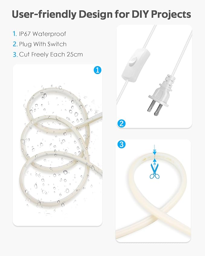 COB LED Strip Light 10FT 6000K Daylight White AC 110V-120V LED Rope Lights Outdoor Waterproof IP65 High Density 288LEDs/M Flexible LED Light Strip with Switch for Garden Bedroom Indoor 3M