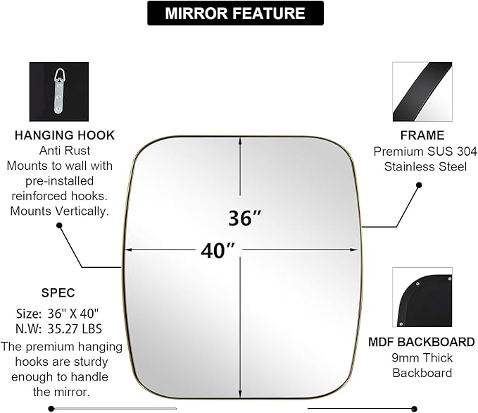 ANDY STAR Gold Oblong Mirror, 36x40 Inch Gold Oval Mirror for Bathroom with Stainless Steel Metal Frame, Wall Mouned for Bathroom, Living Room, Entryway