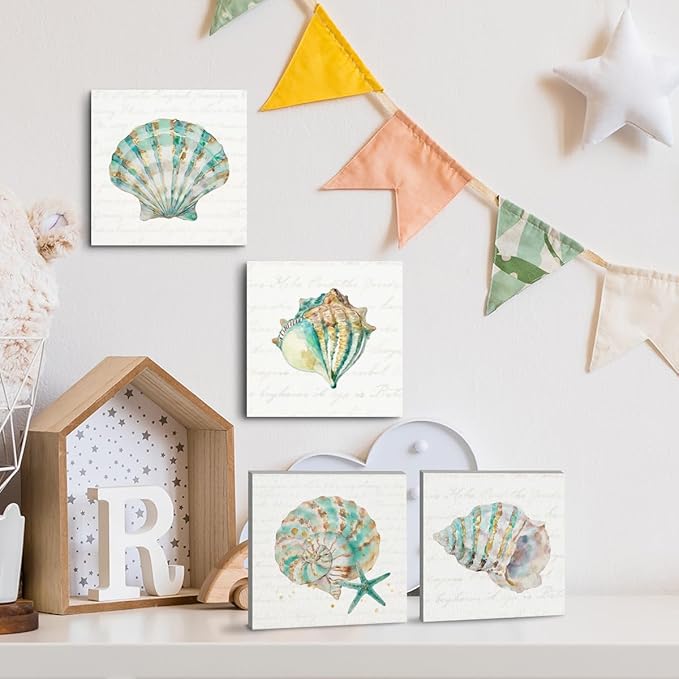 4 Pcs Seashells Starfish Wall Art, 7.9x7.9in Beach Framed Art Paintings Wall Decor Ocean Inspired Seaside Ocean Inspired for Living Room Bathroom Beach House Home Kitchen Decor
