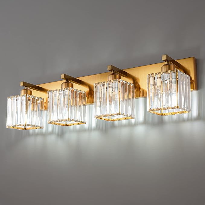Modern Vanity Light 4-Lights Modern Gold Brushed Brass Finish Crystal Wall Light Bathroom Vanity Light Fixtures