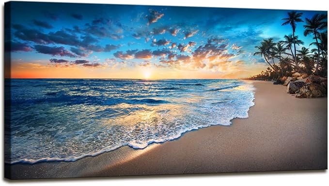 Jiuqinghua Canvas Prints Wall Art Blue Beach Ocean Landscape Paintings 1 panel Sunset Sea Waves Wall Decor Pictures Stretched and Framed for Living Room Bedroom and Office Home Decor Artwork