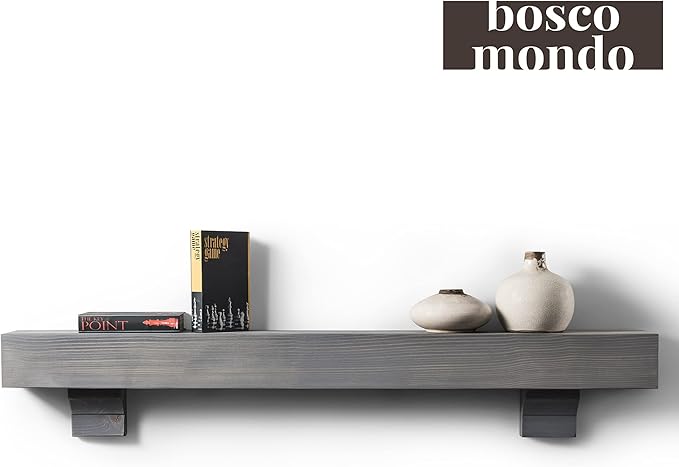 BoscoMondo Rustic Fireplace Mantel Shelf with Corbels- Pine Wood - Wall Decor, Mounted Farmhouse Shelving (66", Grey)
