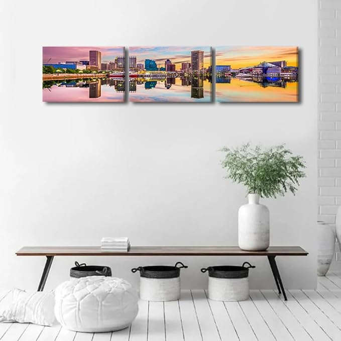 Canvas Wall Art for Living Room Baltimore Maryland Modern Home Decor USA Skyline on the Inner Harbor HD Printed Posters for Bedroom Office Wall Art Painting Bathroom Pictures Ready to Hang 12x48 Inch