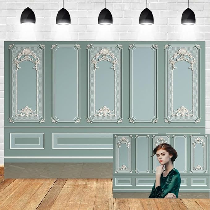 Leyiyi 12x8ft Green Vintage Room Inside Backdrop European Frame Modern House French Castle Cementery Wall Retro Style Photo Background Cowboy Kids Birthday Portrait Studio Prop Vinyl Wallpaper