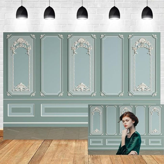 Leyiyi 5x3ft Green Vintage Room Inside Backdrop European Frame Modern House French Castle Cementery Wall Retro Style Photo Background Cowboy Kids Birthday Portrait Studio Prop Vinyl Wallpaper