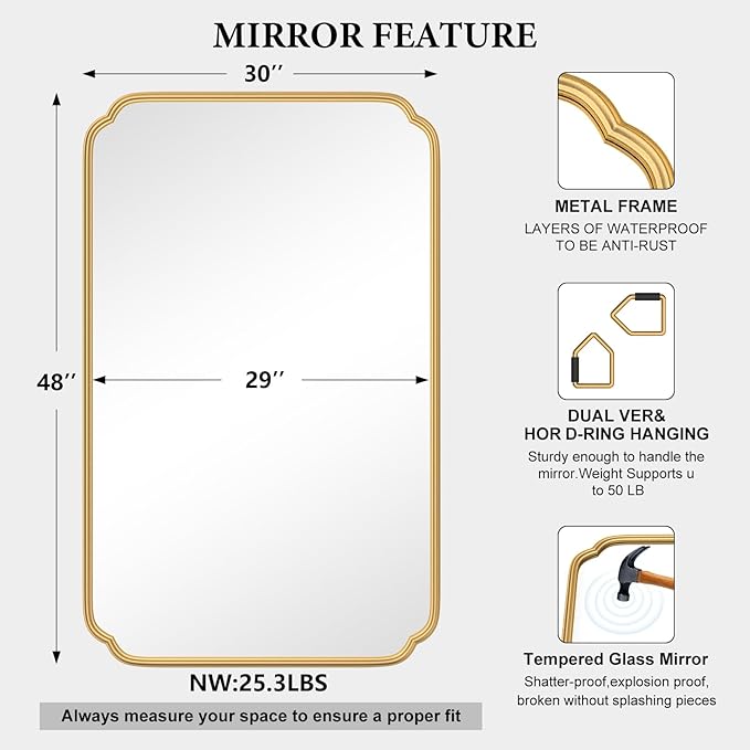 30"x48" Gold Bathroom Mirror for Wall, Large Brass Gold Bathroom Vanity Mirror for Over Sink, Rounded Rectangle Mirror in Premium Iron Metal Frame Hangs Horizontal Or Vertical