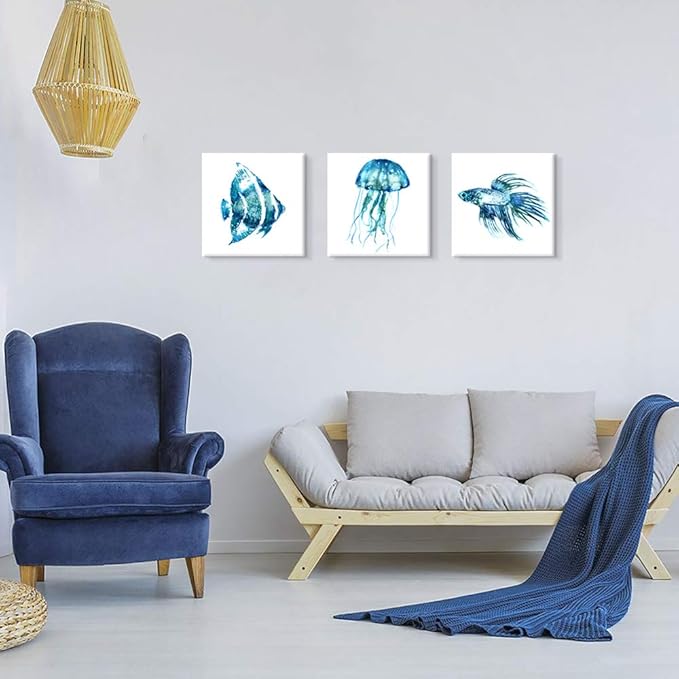 JAPO ART -Ocean Theme Wall Art Sea Animal Blue Jellyfish Tropical Fish Canvas Prints Wall Art 20 x 20 Inch Panel Set of 3 Home Decoration Framed and Stretched Ready to Hang