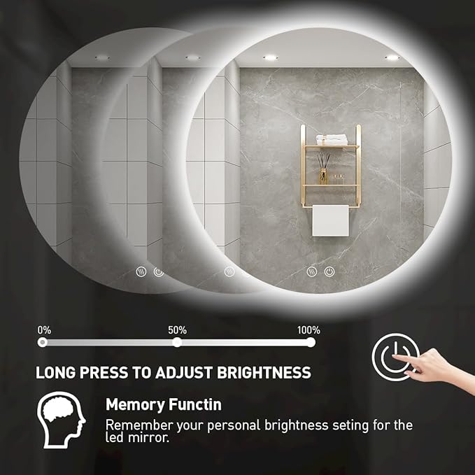 24 Inch Round LED Bathroom Mirror - 6000K Daylight Backlit, Anti-Fog & Dimmable, Frameless Waterproof Mirror with Touch Control, CRI90+, IP54 for Vanity & Makeup