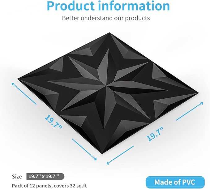 Art3d Decorative 3D Wall Panels Art Petal Pack of 12 Tiles 32 Sq Ft, Black