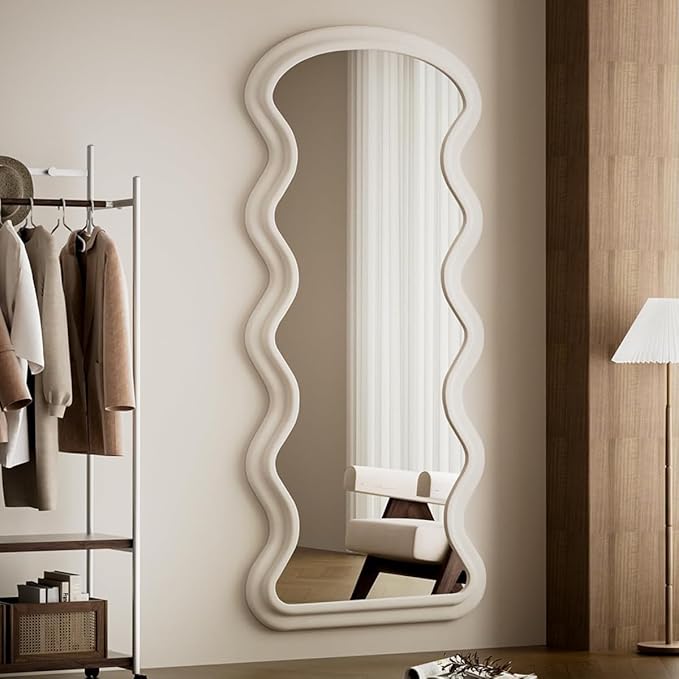 Koonmi 71"x32" Irregular Mirror Full Length, Large Full Body Freely Standing Mirror, Flannel Wave Floor Mirror with Stand for Bedroom, Living Room, Hanging or Against The Wall, White