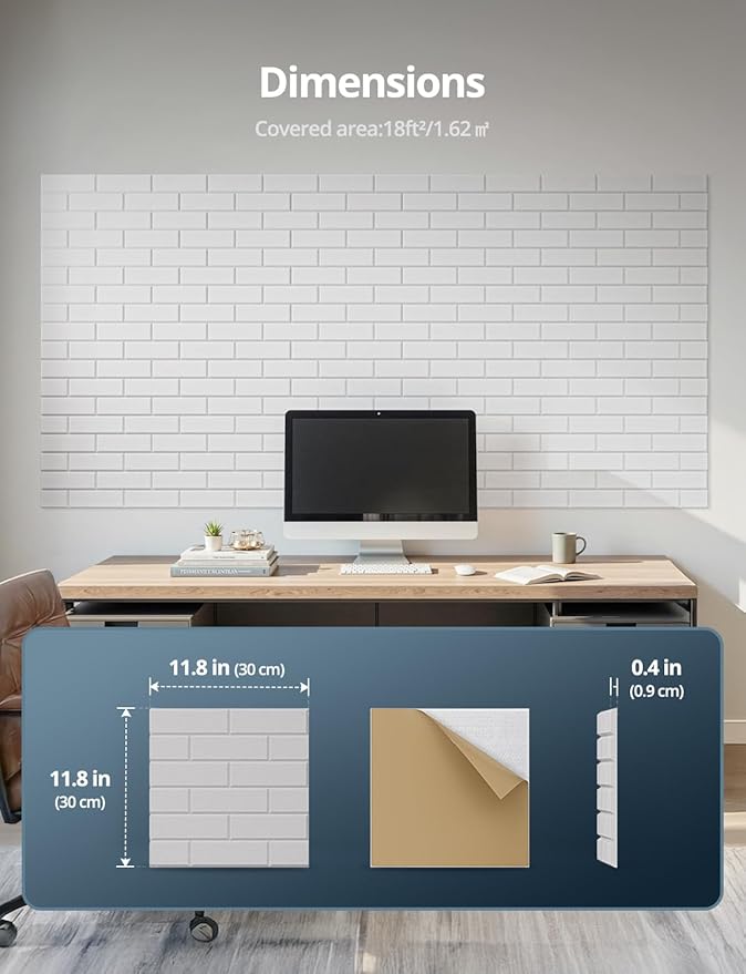 Acoustic Wall Panels, Brick Pattern Peel and Stick Sound Absorbing Panel for Ceiling, Door, Pared, 18 Pack 12"x12"x0.4", White Decorative Self Adhesive Wall Tiles for Recording Studio, Room