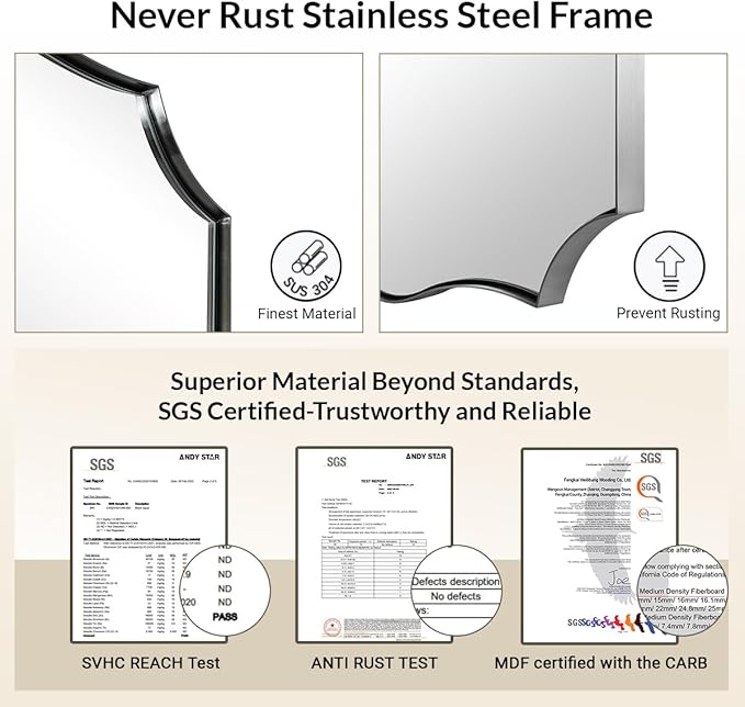 ANDY STAR Brushed Nickel Bathroom Mirror, 28x36 Inch Asymmetrical Wall Mirror, Modern Rectangle Mirror with Unique Wavy Design Ideal for Home Decor, Premium Stainless Steel Metal