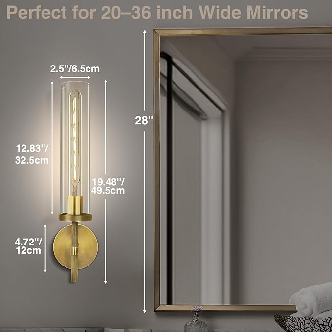 Brass Wall Sconces Set of Two, 19.48" Modern Wall Lighting with Clear Glass Tube, Bathroom Vanity Lights, Bronze Sconces Wall Lights for Bedroom, Living Room, Hallway, Staircase (Including Bulb)