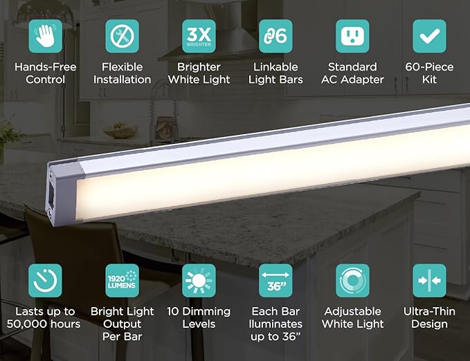 BLACK+DECKER LED Under Cabinet Lighting Kit, Motion Sensor, Dimmable, Linkable, 3 Color Settings, Tool-Free, for Kitchen, Pantry, Cabinets, Closets, Office (6) 9" Bars