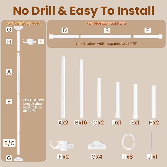Bonpally Room Divider Curtain Rod, No Drilling Room Separator for Space Partition, 4-10ft (H) 28-70 inch(W) Adjustable Heavy Duty Temporary Wall Divider Floor to Ceiling Tension Rod, White