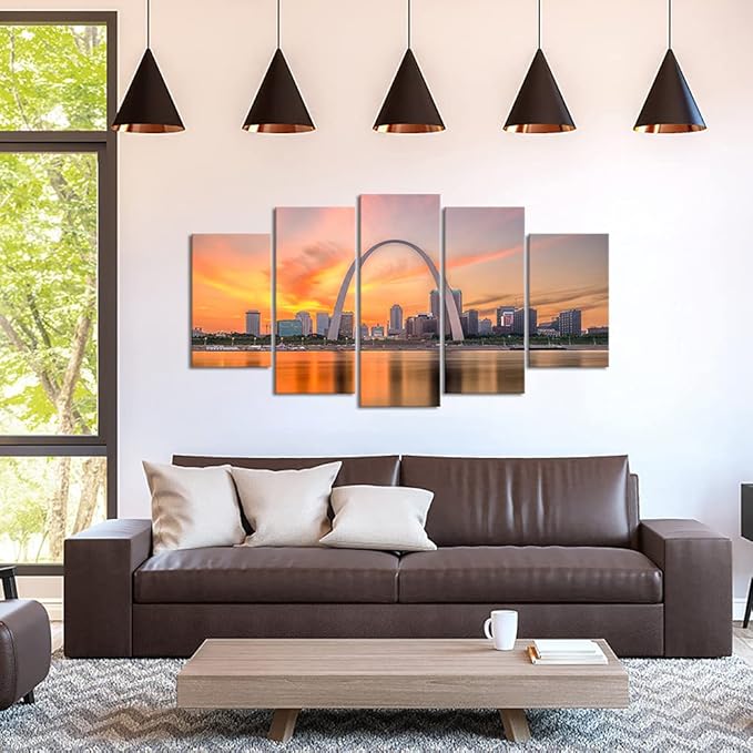 Canvbay 5 Piece City Skyline Canvas Wall Art St. Louis Gateway Arch at Sunset Painting Pictures USA Missouri Cityscape at Dusk Giclee Print Artwork for Living Room Home Decor Framed Ready to Hang