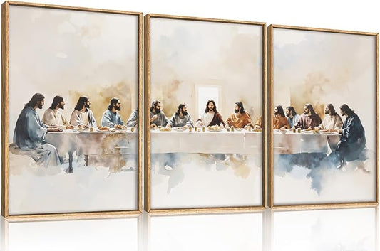 Large Watercolor Jesus Last Supper Scene Framed Canvas Wall Art Set,Jesus and Twelve Apostles Wall Decor,Christmas Religious Bible Story Artwork for Living Room,Bedroom,Church-24 x36 x3