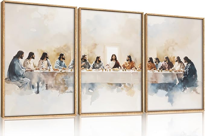 Large Watercolor Jesus Last Supper Scene Framed Canvas Wall Art Set,Jesus and Twelve Apostles Wall Decor,Christmas Religious Bible Story Artwork for Living Room,Bedroom,Church-16 x24 x3