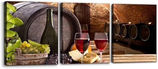 Kitchen Wall Art Red Wine Cellar Pictures Wooden Barrel and Fruit Grape Painting for Living Room 3 Panel Canvas Artwork House Modern Decor Giclee Posters Prints Framed Ready to Hang - 12 x 16 inch x 3