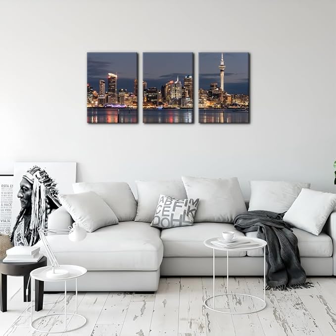 Pacimo Auckland Cityscape Wall Art - Framed Canvas Painting Prints with City Night Skyline Design - Perfect for Modern Artwork Home Decor Wall Decor for Living Room Bedroom Office - 12"x16"x3 Panels