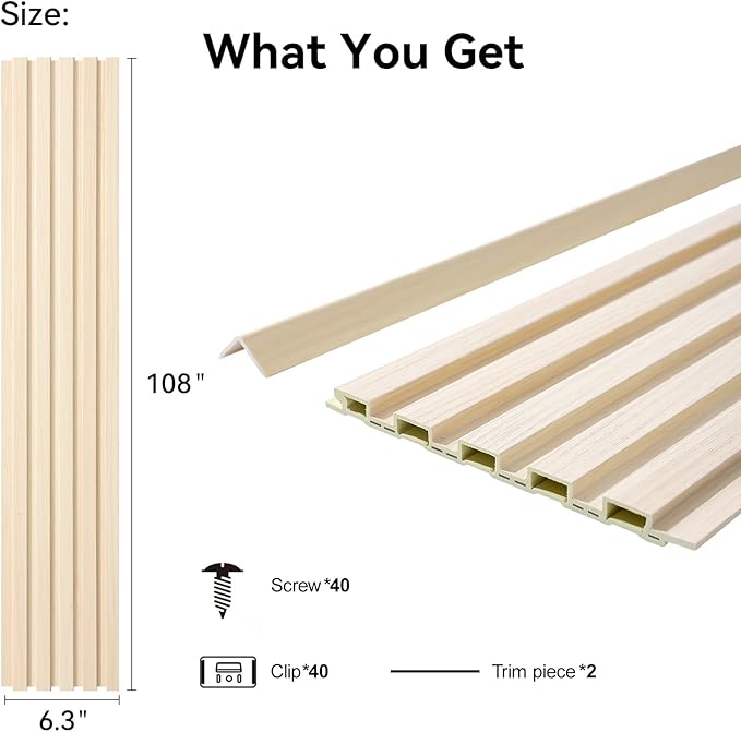 8-Pack WPC Wall Panels 108’’ x 6.3’’ 3D Slat Wall Panel Acoustic Wall Paneling for Interior Wall Decor TV Background Kitchen Bedroom Natural Wood