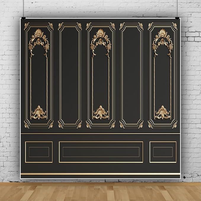 Leyiyi 10x10ft Black Gold Vintage Room Inside Backdrop European Frame Modern House French Castle Cementery Wall Retro Style Photo Background Cowboy Kids Birthday Portrait Studio Props Vinyl Wallpaper
