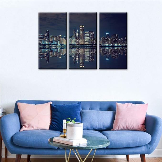 Modern Canvas Painting Wall Art Picture for Home Decoration Panoramic View of Chicago Skyline at Night in Black and White Place Cityscape Print On Canvas Giclee Artwork for Wall Decor 28‘’x14‘’x3