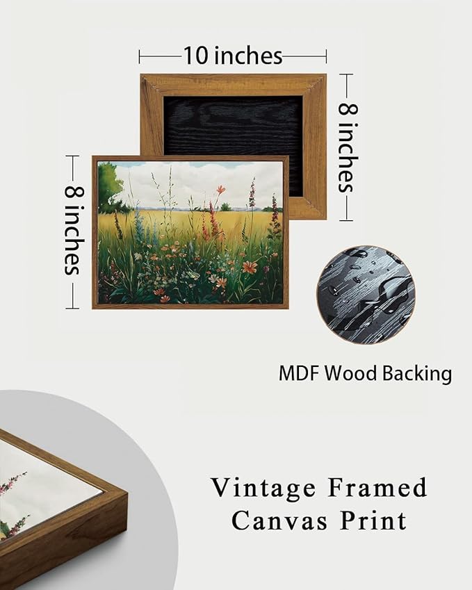 KISSFOX Vintage Wildflower Field Landscape Framed Wall Art Summer Countryside Meadow Canvas Art Farmhouse Rustic Paintings Artwork Nature Serene Art Prints For Kitchen Living room Bedroom