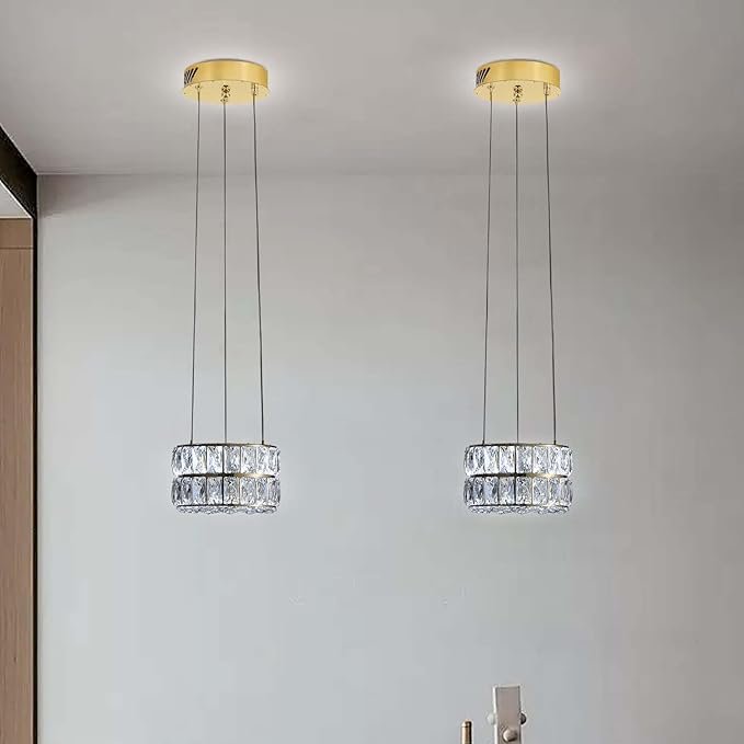 Led 7.8" Gold Ring Crystal Chandelier, Modern Dimmable Chandeliers Lighting and Hanging Adjustable, LED Round Ceiling Light Fixtures for Dining Room Living Room