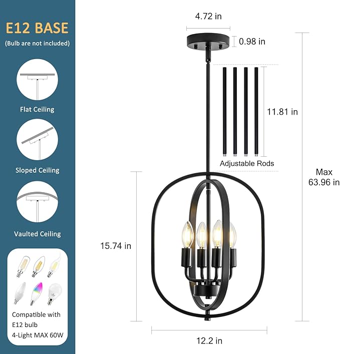 12.2" Modern Farmhouse Black Small Chandelier, 4 Light Adjustable Geometric Hanging Light Fixture for Foyer, Entryway, Hallway, Kitchen