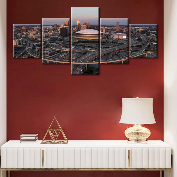 5 Pieces New Orleans Sunset Pictures Canvas Wall Art City Skyline Wall Decorations for Living Room New Orleans Cityscape Print on Canvas House Decor Stretched and Framed Ready to Hang (50"Wx24"H)