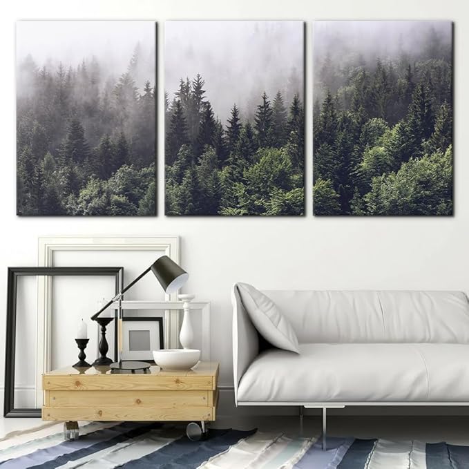 Pacimo Canvas Wall Art Fog Over Pine Tree Forest Nature Wilderness Photography Modern Art Rustic Landscape Relax/Calm Cool for Wall Decor Giclee Artwork Stretch Framed Ready to Hang - 20"x28"x3
