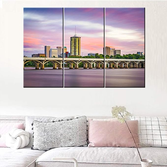 Canvas Wall Art for Tulsa, Oklahoma, USA Downtown Skyline on the Arkansas River at Dusk Print Photograph, Hanging Decorative Painting Artwork for Kitchen, Bedroom, Office, Living Room, Home Decor Gift