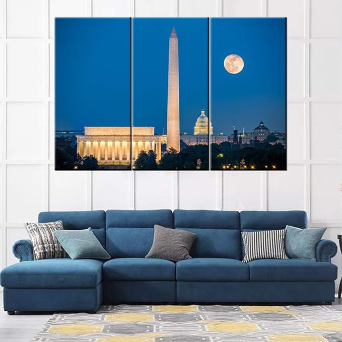 3 Piece Canvas Wall Art -Lincoln Memorial, Washington Monument and Capitol Building in Washington DC as viewed from Arlington, Virginia- Modern Home Decor Stretched and Framed Ready to Hang 20"x40"x3