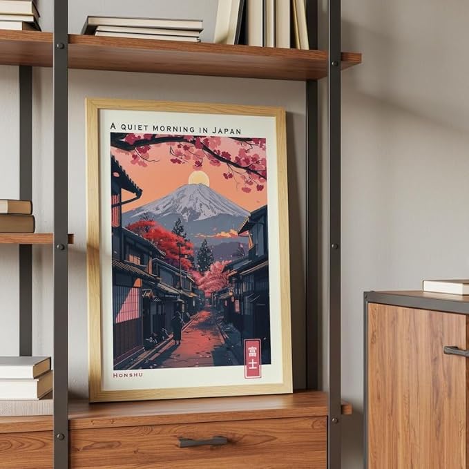 Mount Fuji Poster, Japanese Wall Art Print with Cherry Blossoms, Vintage Travel Landscape Artwork, Japandi Asian Home Decor for Living Room, Bedroom or Office (Unframed) (20x30)