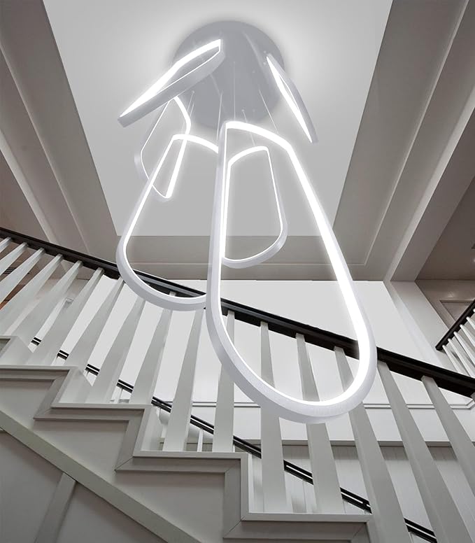 6 Rings Modern Chandelier LED Dimmable Pendant Lighting High Ceiling Chandelier for Entrance Foyer Lobby Staircaes Sliver 118''