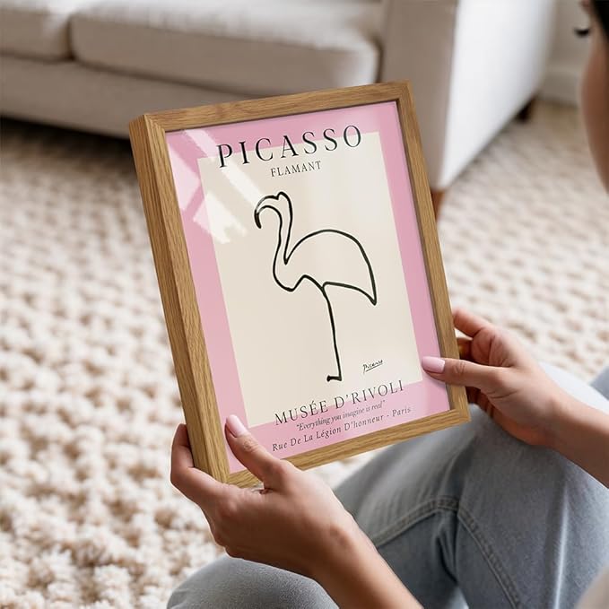 Pablo Picasso Poster 8x10 FRAMED - Mid-Century Modern Decor - Minimalist Room Decor - Abstract Wall Art - Gallery Picture - Pink Flamingo Print - Line Art Wall Museum Poster - Tropical Beach House