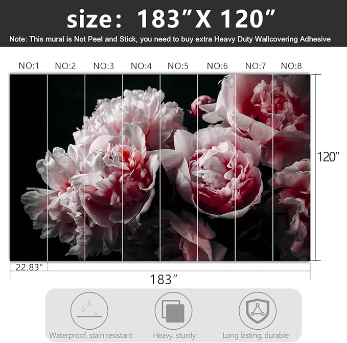 Black Peony Pink Floral Living Room Fabric Wallpaper Bedroom Bathroom Dark Flowers Large Wall Mural- 183"x120"（ not Peel and Stick）