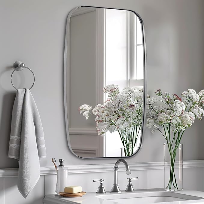 ANDY STAR Brushed Nickel Mirror, 24x32’’ Oval Mirror for Bathroom, Brushed Nickel Oblong Bathroom Mirror for Over Sink, Modern Anti Rust Silver Vanity Mirror