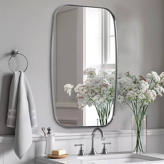 ANDY STAR Brushed Nickel Bathroom Mirror, 24x40” Oblong Mirror with Stainless Steel Metal Frame, Silver Oval Vanity Mirror for Over Sink, Modern Anti Rust Wall Mounted