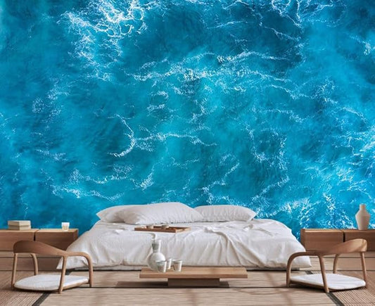 Blue Foam Seascape Mural, Bedroom and Living Room Mural Large Wall Background Wallpaper(Non-self-Adhesive)