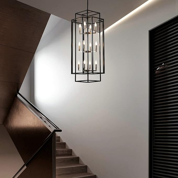 12 Lights Pendant Light, Metal Lantern Island Light, Vintage Black Ceiling Light, Industrial Tiered Hanging Light Fixture, Farmhouse Chandeliers for Dining Room, Living Room, Kitchen