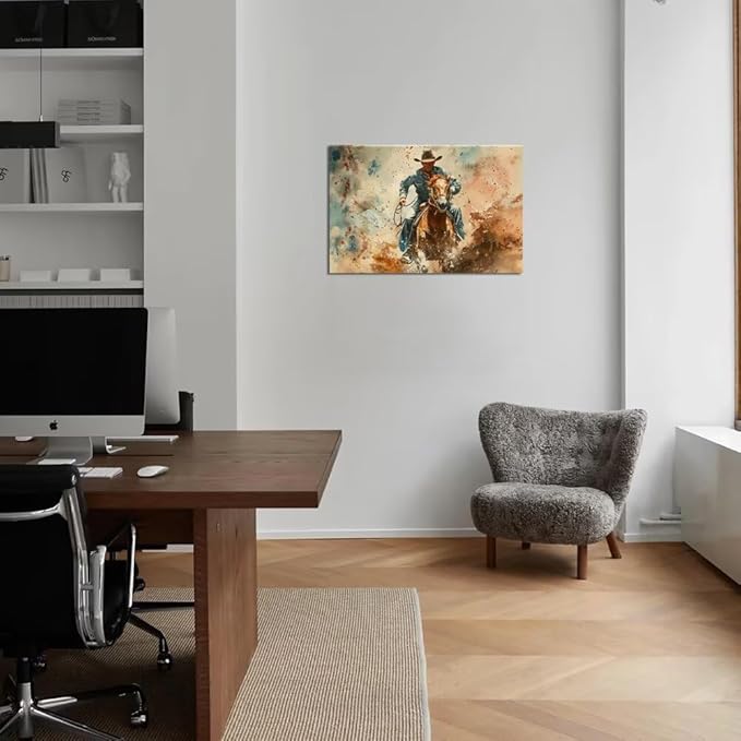 Cowboy Wall Art Pictures Vintage Horse Poster Canvas Prints Western Cowboy Artwork Wall Decor for Living Room Bedroom Office Home Decorations Framed Ready to Hang (24''H x 36''W)