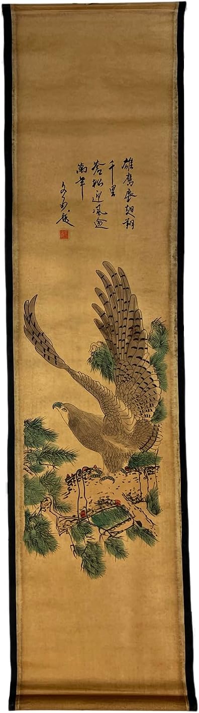 CIFIBIFUN Wall Asia Art Prints Posters Painting Vintage,4 Panels Old Paper Scroll Eagle Crane Tiger Horse Walls Decor for Living Room Bedroom Animal Print