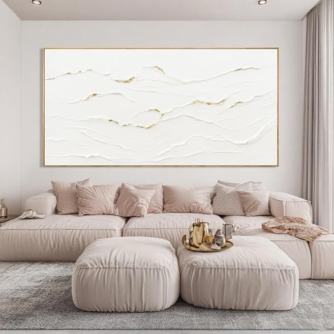 Large Wavy Line White Abstract Wall Art with Frame Minimalist Modern Hand drawn Painting Textured Poster for Living Room Dining Room Bedroom Decor 29"x58"